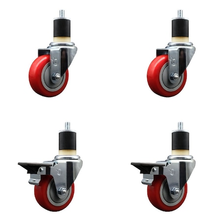 Service Caster 3.5'' Red Poly Wheel Swivel 1-7/8'' Expanding Stem Caster Set 2 Brakes, 4PK SCC-EX20S3514-PPUB-RED-2-PLB-2-178